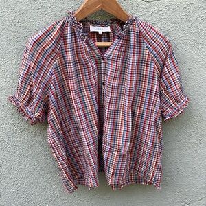 THE GREAT. Rainbow plaid gingham cotton puff short sleeve blouse - Size 2